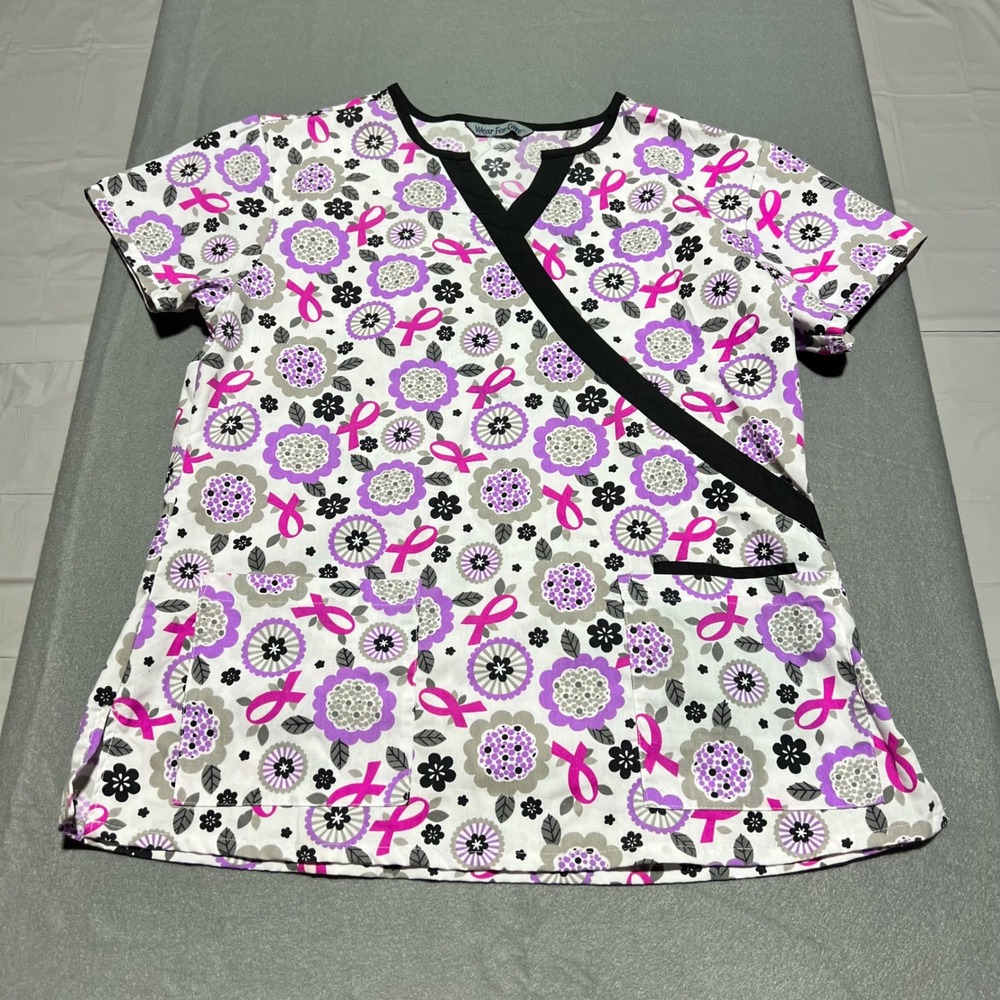 Wear For Care Breast Cancer Awareness Floral Scrub Top Pink Ribbon Large